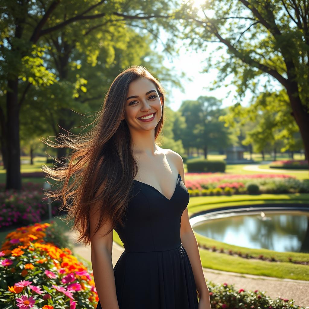 A young woman with long flowing hair, dressed in a black elegant dress, standing in a beautiful park filled with vibrant flowers and green trees