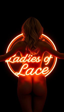 A round golden orange neon sign radiating warmth with the text 'Ladies of Lace' elegantly displayed in a fancy calligraphic font