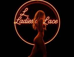 A striking round golden orange neon sign radiating with the text 'Ladies of Lace' beautifully crafted in an ornate calligraphic font