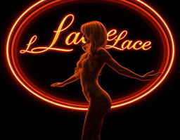 A striking round golden orange neon sign radiating with the text 'Ladies of Lace' beautifully crafted in an ornate calligraphic font