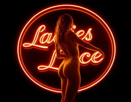 A striking round golden orange neon sign radiating with the text 'Ladies of Lace' beautifully crafted in an ornate calligraphic font