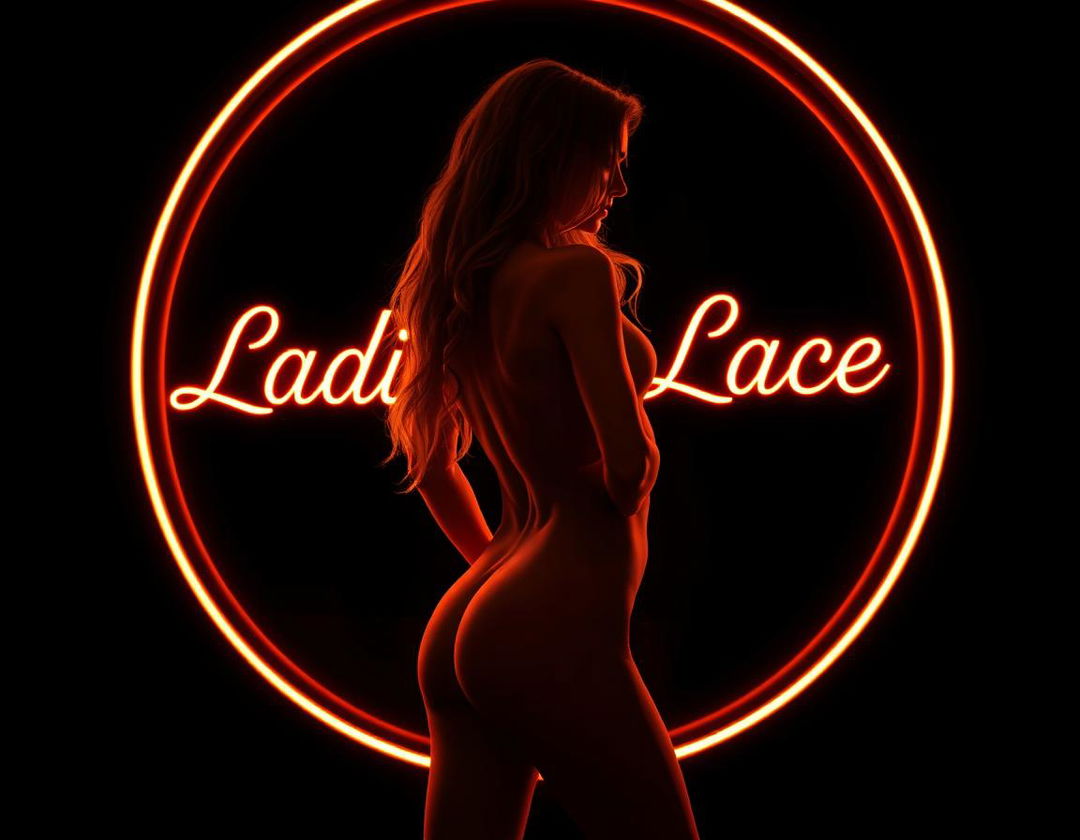 A striking round golden orange neon sign radiating with the text 'Ladies of Lace' beautifully crafted in an ornate calligraphic font