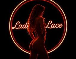 A striking round golden orange neon sign radiating with the text 'Ladies of Lace' beautifully crafted in an ornate calligraphic font