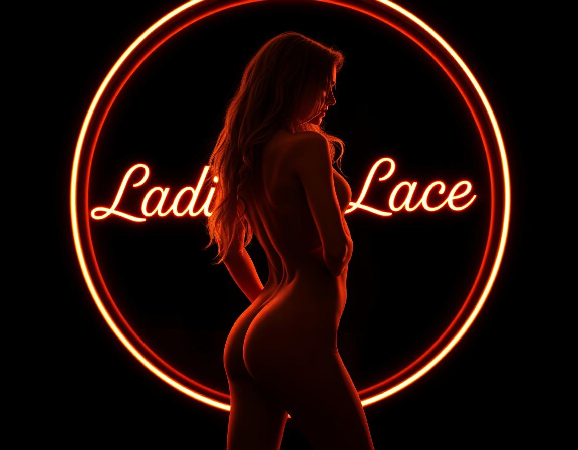A striking round golden orange neon sign radiating with the text 'Ladies of Lace' beautifully crafted in an ornate calligraphic font