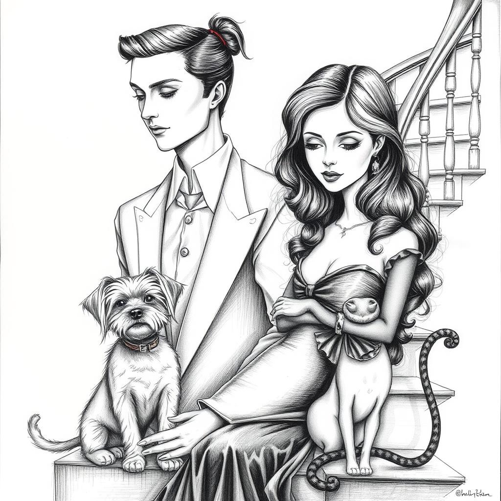 A surrealistic black and white drawing featuring a man and a woman with fine lines