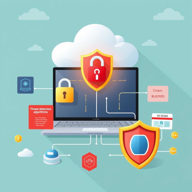 An educational illustration depicting a cybersecurity system designed to protect sensitive data in the cloud