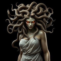 An ultra-realistic and highly detailed image of the mythological figure Medusa, showcasing her hair made up of numerous venomous snakes that are intricately detailed and writhing with life