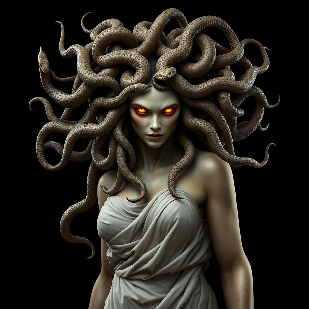 An ultra-realistic and highly detailed image of the mythological figure Medusa, showcasing her hair made up of numerous venomous snakes that are intricately detailed and writhing with life