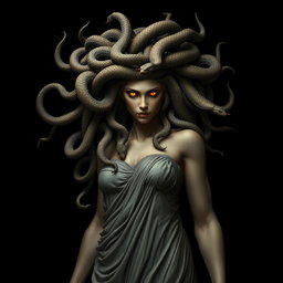 An ultra-realistic and highly detailed image of the mythological figure Medusa, showcasing her hair made up of numerous venomous snakes that are intricately detailed and writhing with life
