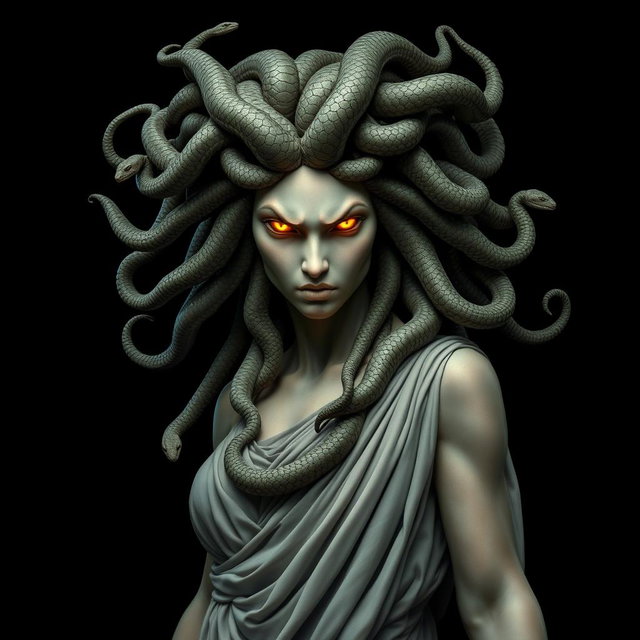 An ultra-realistic and highly detailed image of the mythological figure Medusa, showcasing her hair made up of numerous venomous snakes that are intricately detailed and writhing with life