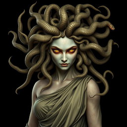 An ultra-realistic and highly detailed image of the mythological figure Medusa, showcasing her hair made up of numerous venomous snakes that are intricately detailed and writhing with life