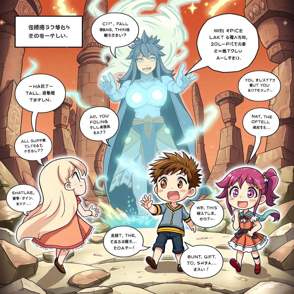 A vibrant comic page depicting four characters: Willow, a wise and curious girl with long flowing hair, Jasper, a tall, athletic boy, Finn, an energetic and mischievous boy with spiky hair, and Eliza, a creative girl with pigtails