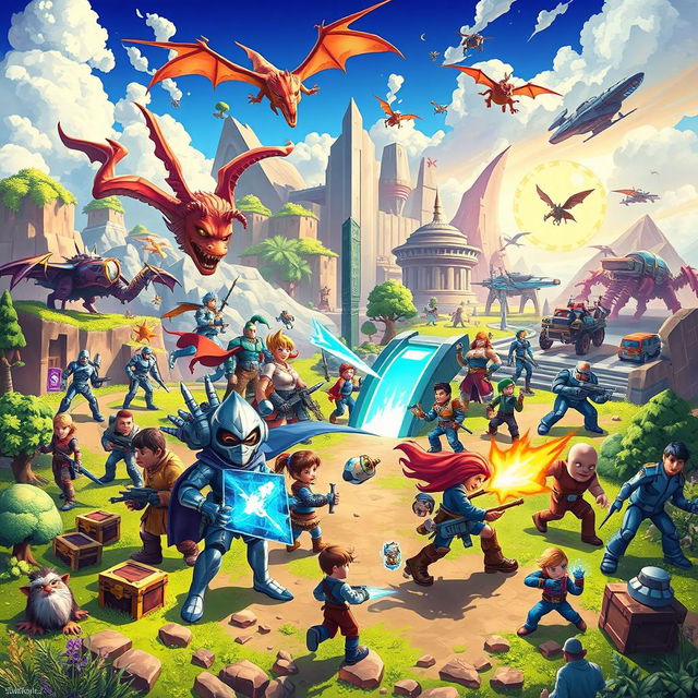 A vibrant and colorful digital artwork featuring an array of popular digital video games, showcasing iconic characters in action poses