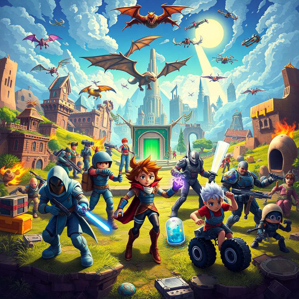 A vibrant and colorful digital artwork featuring an array of popular digital video games, showcasing iconic characters in action poses