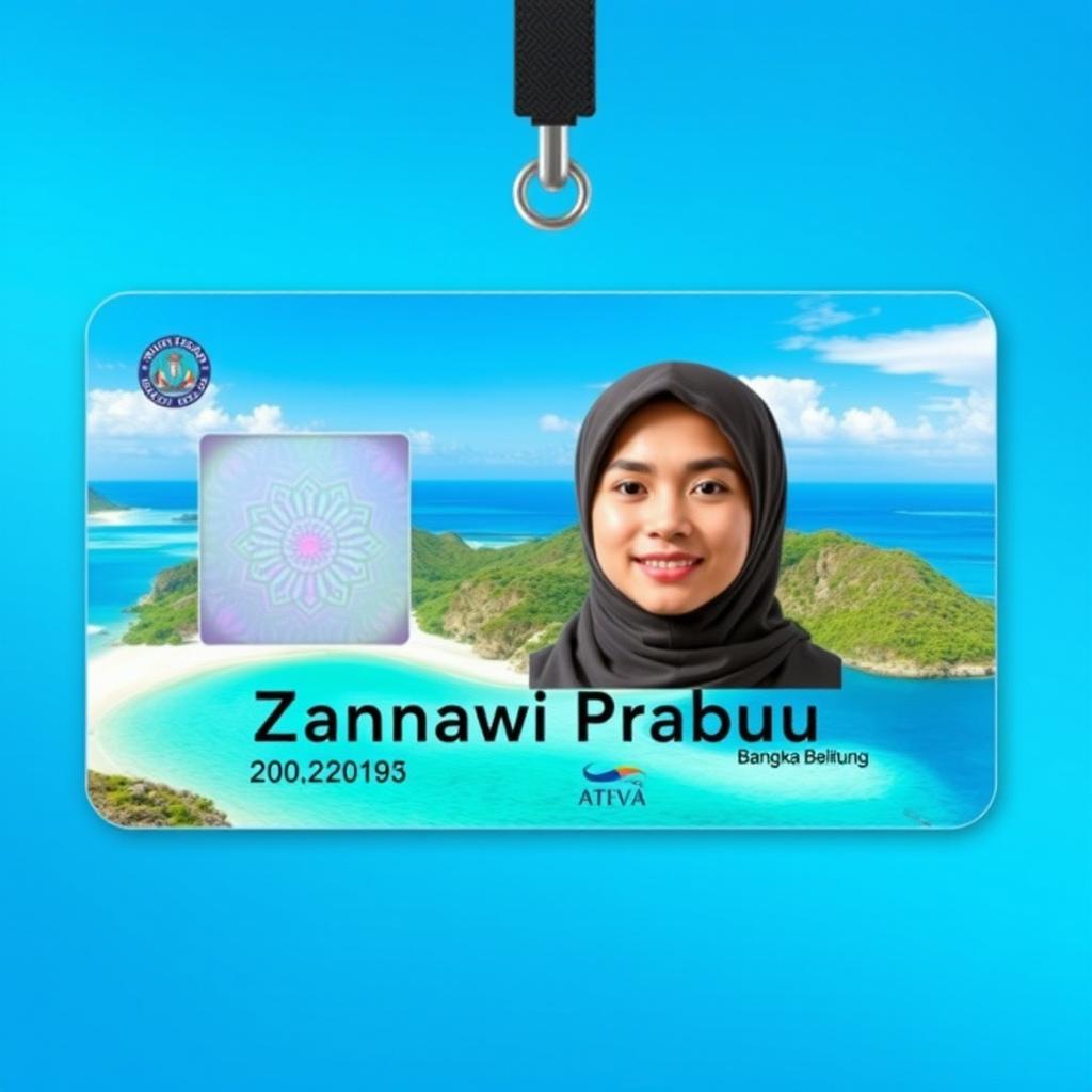 An ID card design featuring a fictional character named Zannawi Prabu, living in Bangka Belitung