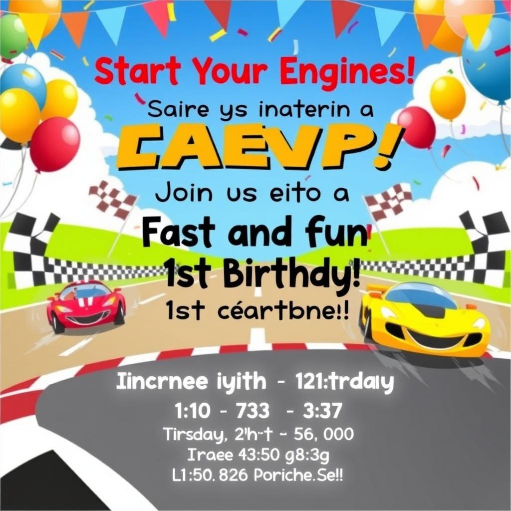 A vibrant and playful 1st birthday invitation featuring a thrilling car racing theme