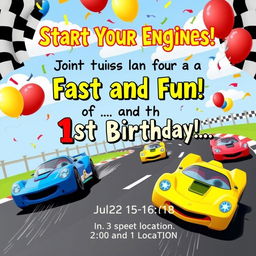A vibrant and playful 1st birthday invitation featuring a thrilling car racing theme