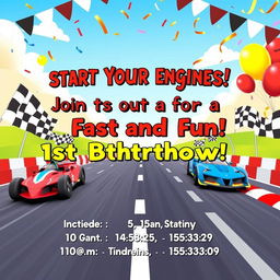 A vibrant and playful 1st birthday invitation featuring a thrilling car racing theme
