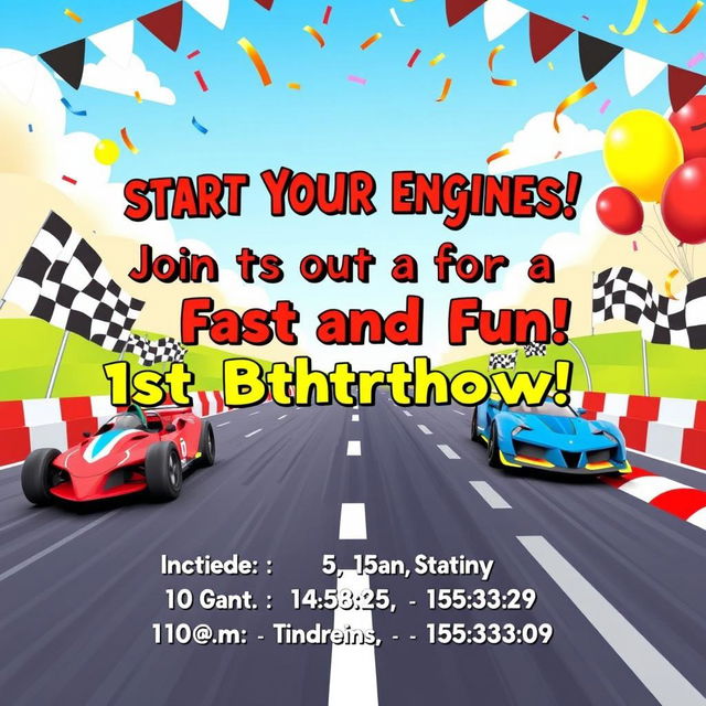 A vibrant and playful 1st birthday invitation featuring a thrilling car racing theme