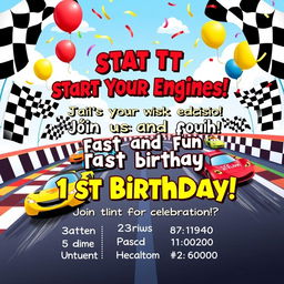 A vibrant and playful 1st birthday invitation featuring a thrilling car racing theme