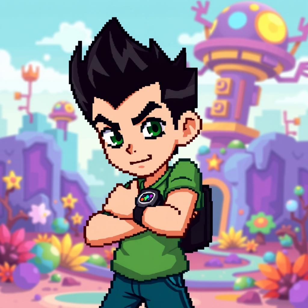 A pixel art design of an original character inspired by Ben10, featuring a teenage boy with spiky black hair and wearing a green short-sleeved shirt with an Omnitrix-like watch on his wrist