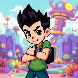 A pixel art design of an original character inspired by Ben10, featuring a teenage boy with spiky black hair and wearing a green short-sleeved shirt with an Omnitrix-like watch on his wrist