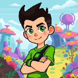 A pixel art design of an original character inspired by Ben10, featuring a teenage boy with spiky black hair and wearing a green short-sleeved shirt with an Omnitrix-like watch on his wrist