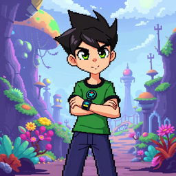 A pixel art design of an original character inspired by Ben10, featuring a teenage boy with spiky black hair and wearing a green short-sleeved shirt with an Omnitrix-like watch on his wrist