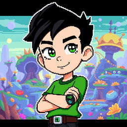A pixel art design of an original character inspired by Ben10, featuring a teenage boy with spiky black hair and wearing a green short-sleeved shirt with an Omnitrix-like watch on his wrist