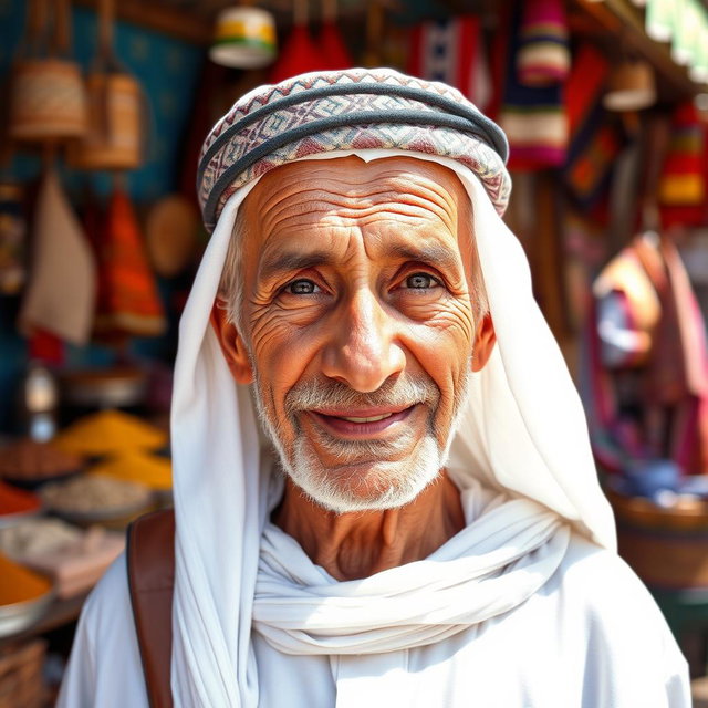 A portrait of an elderly Omani man, wearing traditional Omani attire, which includes a white dishdasha, a patterned kumma on his head, and a distinctive khanjar (traditional dagger) at his waist