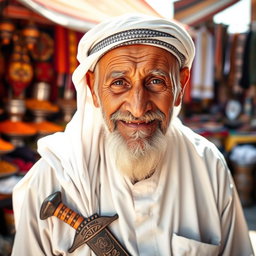 A portrait of an elderly Omani man, wearing traditional Omani attire, which includes a white dishdasha, a patterned kumma on his head, and a distinctive khanjar (traditional dagger) at his waist