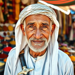 A portrait of an elderly Omani man, wearing traditional Omani attire, which includes a white dishdasha, a patterned kumma on his head, and a distinctive khanjar (traditional dagger) at his waist