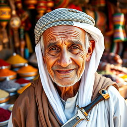 A portrait of an elderly Omani man, wearing traditional Omani attire, which includes a white dishdasha, a patterned kumma on his head, and a distinctive khanjar (traditional dagger) at his waist