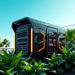 A futuristic carbon capture device designed like a sleek generator that absorbs carbon emissions from the atmosphere