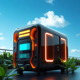 A futuristic carbon capture device designed like a sleek generator that absorbs carbon emissions from the atmosphere