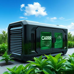 A futuristic carbon capture device designed like a sleek generator that absorbs carbon emissions from the atmosphere