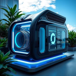 A futuristic carbon capture device designed like a sleek generator that absorbs carbon emissions from the atmosphere