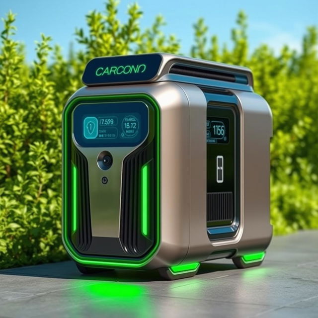 A futuristic product named 'Carbon Cop', designed as an advanced generator that absorbs carbon emissions from the atmosphere and converts them into renewable electricity