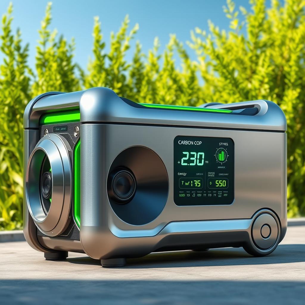 A futuristic product named 'Carbon Cop', designed as an advanced generator that absorbs carbon emissions from the atmosphere and converts them into renewable electricity