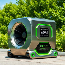 A futuristic product named 'Carbon Cop', designed as an advanced generator that absorbs carbon emissions from the atmosphere and converts them into renewable electricity