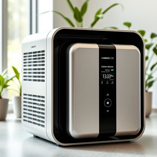 A compact carbon capture device named 'Carbon Cop', designed like a small air conditioning unit