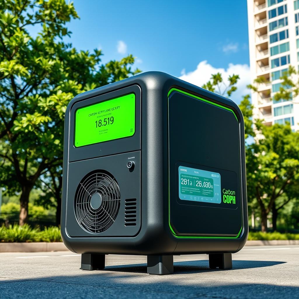 A compact device named 'Carbon Cop', designed as a generator that absorbs carbon emissions and converts them into renewable electricity
