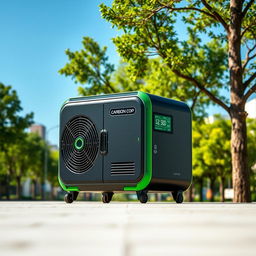 A compact device named 'Carbon Cop', designed as a generator that absorbs carbon emissions and converts them into renewable electricity