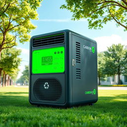 A compact device named 'Carbon Cop', designed as a generator that absorbs carbon emissions and converts them into renewable electricity