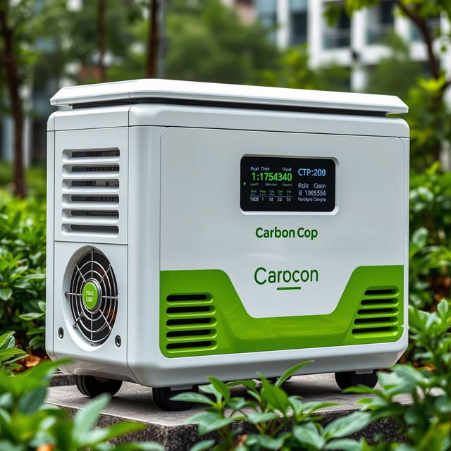A revolutionary product named 'Carbon Cop', a compact generator designed to suck in carbon emissions and convert them into renewable electricity