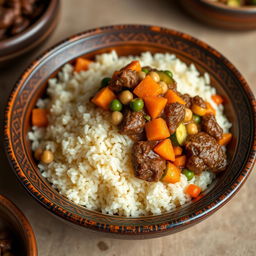 A delicious serving of Mauritanian mafé, featuring a warm, fluffed mound of rice topped with savory stewed meat, vibrant orange pieces of cooked carrots, green slices of cooked zucchini, and chickpeas sprinkled throughout