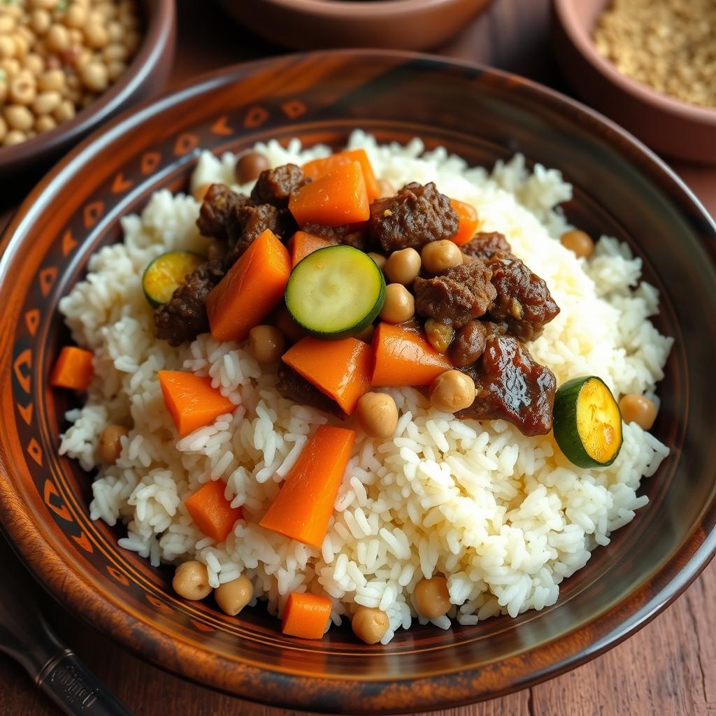 A delicious serving of Mauritanian mafé, featuring a warm, fluffed mound of rice topped with savory stewed meat, vibrant orange pieces of cooked carrots, green slices of cooked zucchini, and chickpeas sprinkled throughout