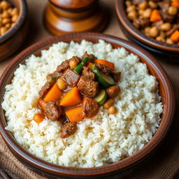 A delicious serving of Mauritanian mafé, featuring a warm, fluffed mound of rice topped with savory stewed meat, vibrant orange pieces of cooked carrots, green slices of cooked zucchini, and chickpeas sprinkled throughout