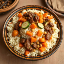 A delicious serving of Mauritanian mafé, featuring a warm, fluffed mound of rice topped with savory stewed meat, vibrant orange pieces of cooked carrots, green slices of cooked zucchini, and chickpeas sprinkled throughout