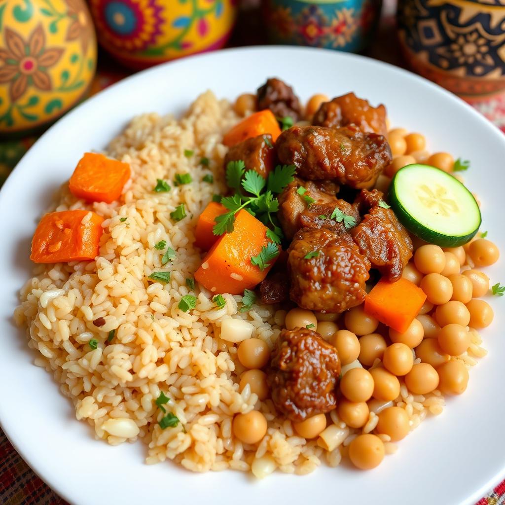 A beautifully presented plate of traditional Mauritanian dish, Mashfouf, featuring perfectly cooked coarse wheat